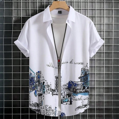 Simple Men's Shirts 3d Patchwork Printing High-Quality Men's Clothing Short Sleeve Beach Party Hawaiian Shirts