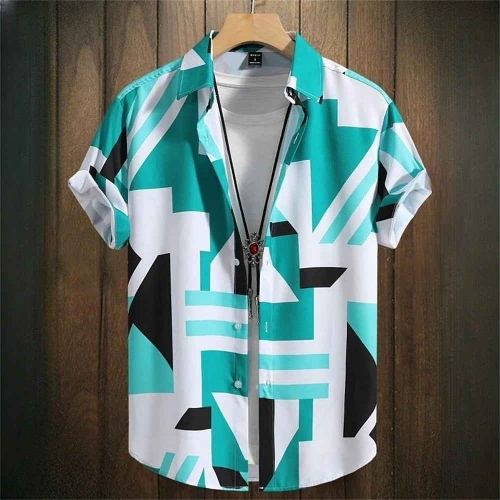 Simple Men's Shirts 3d Patchwork Printing High-Quality Men's Clothing Short Sleeve Beach Party Hawaiian Shirts